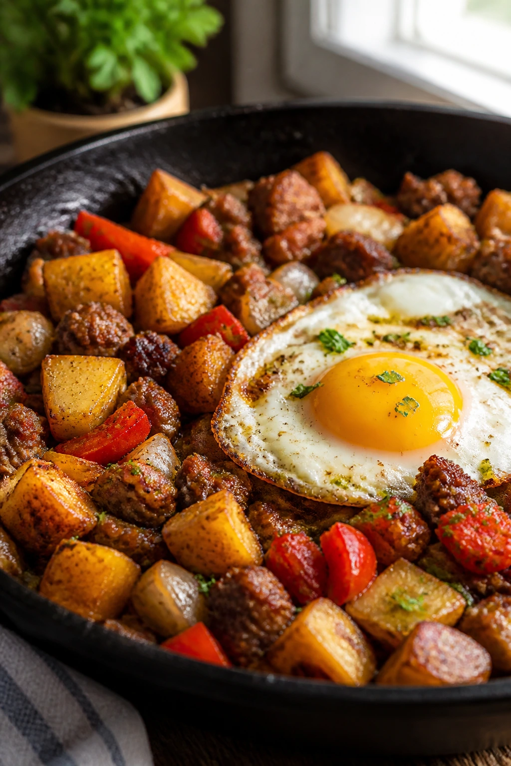 Close-up of breakfast hash for dinner in a skillet with potatoes, sausage, peppers and egg