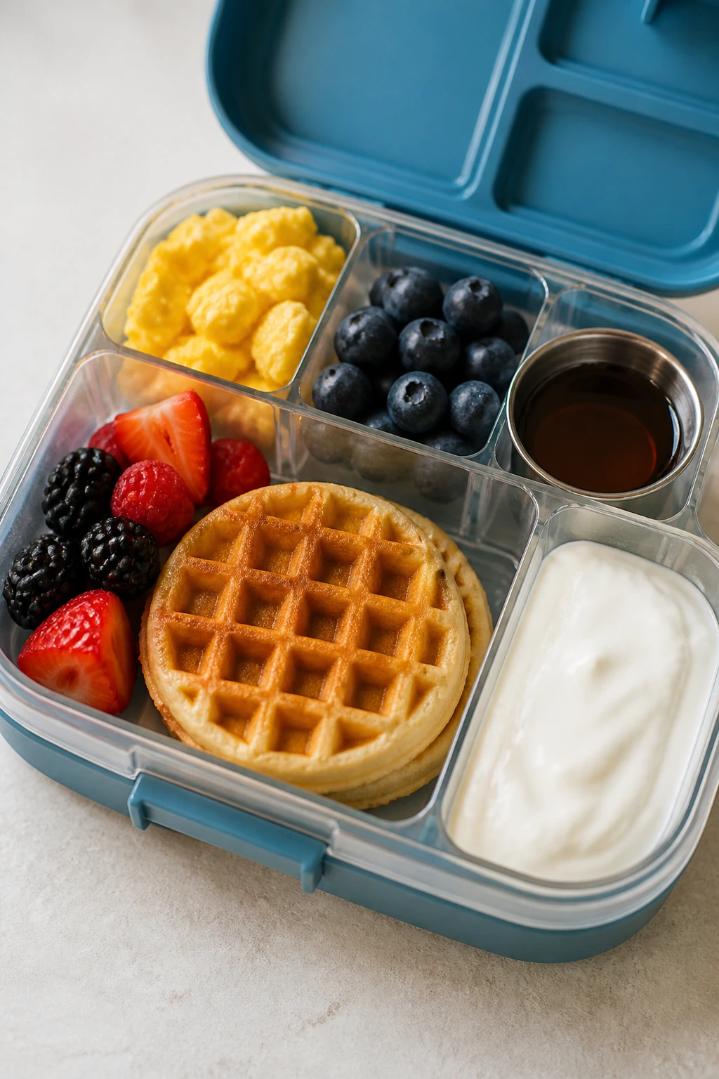 Close-up of a breakfast muffins lunch box showing waffles, eggs, berries and yogurt