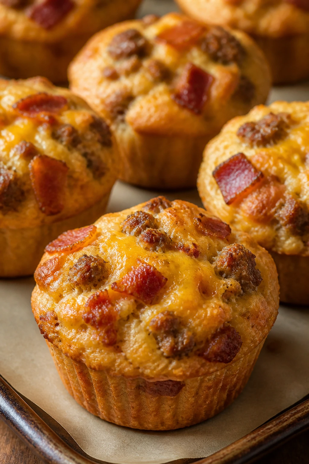 Close-up of savory bacon and sausage breakfast muffins