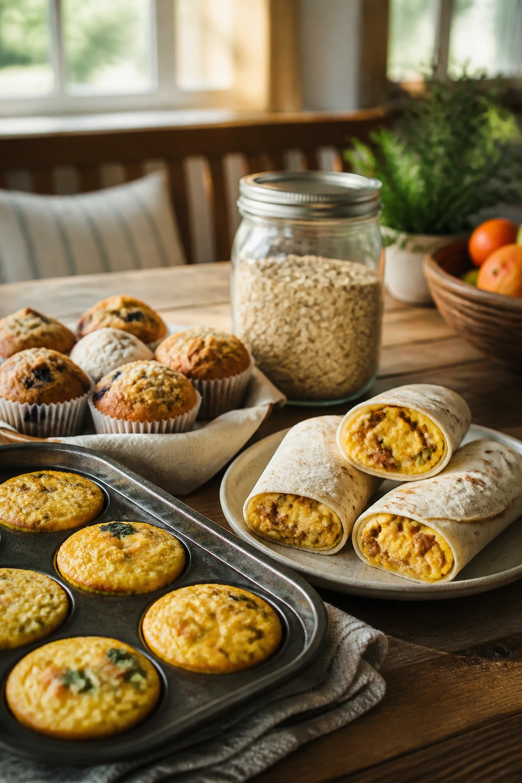 Close-up of a quiet morning breakfast spread with muffins, burritos, oats, and egg muffins on a wooden table in a sunlit kitchen