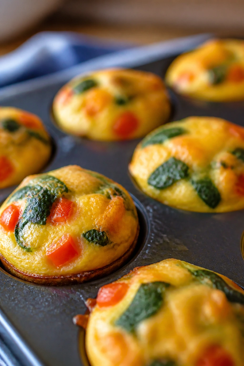Close-up of fluffy breakfast egg muffins with spinach and cheese in a muffin tin