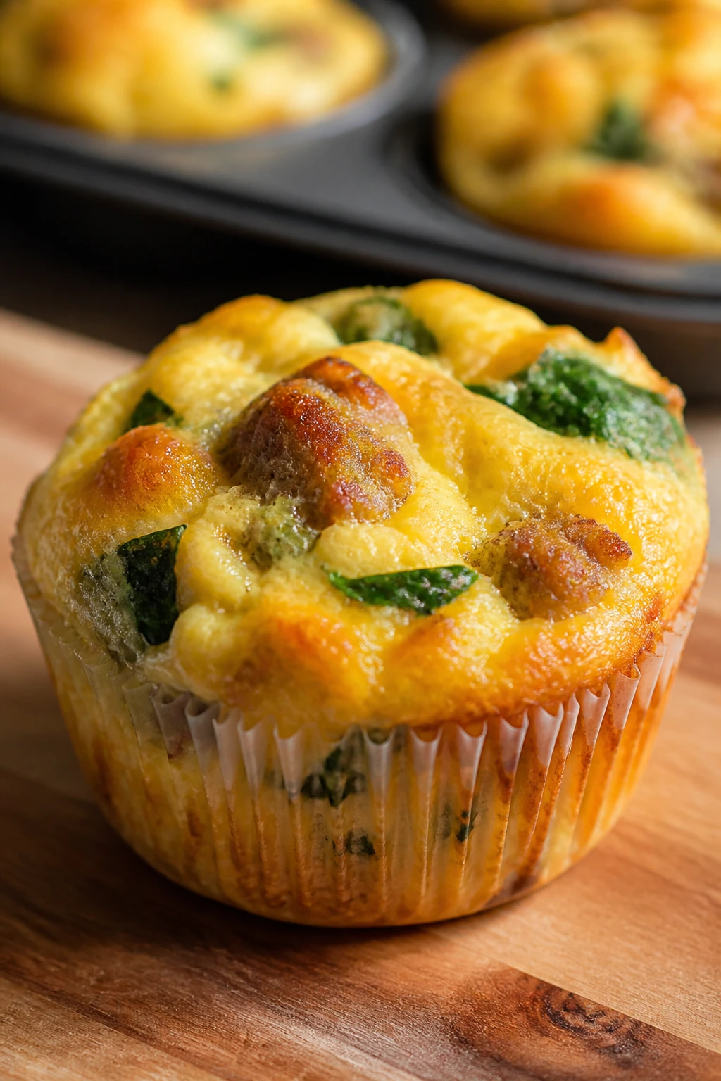 Close-up of a sausage and egg breakfast muffin with cheddar and spinach