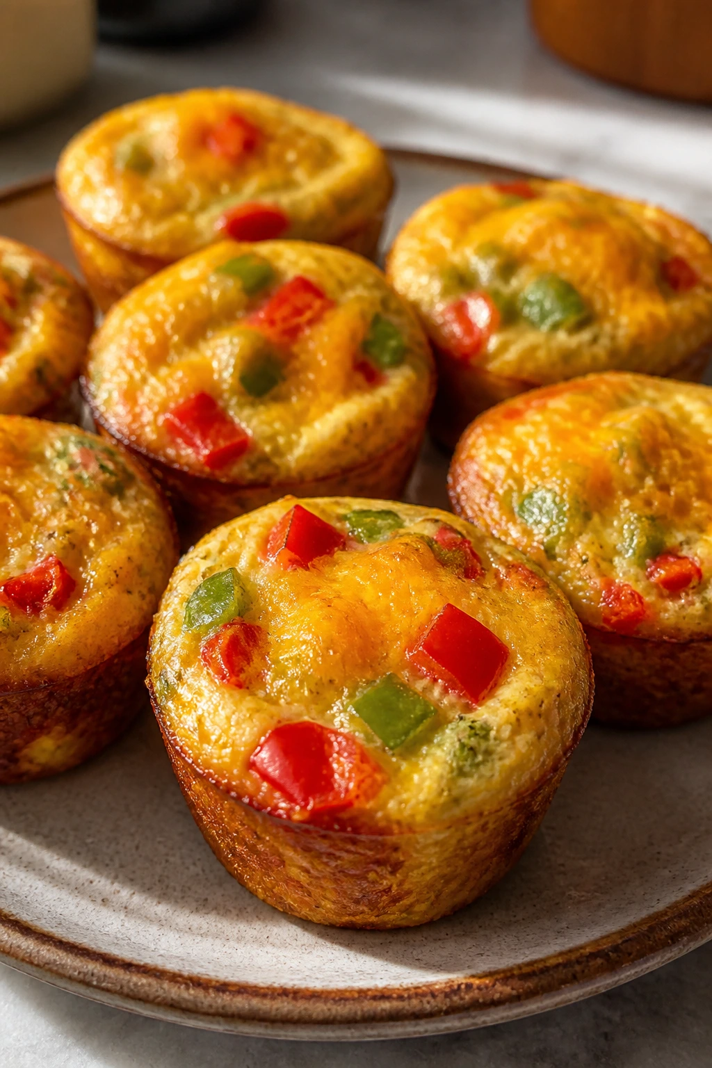 Close-up of breakfast egg muffins with peppers and cheese on a rustic plate in a bright kitchen