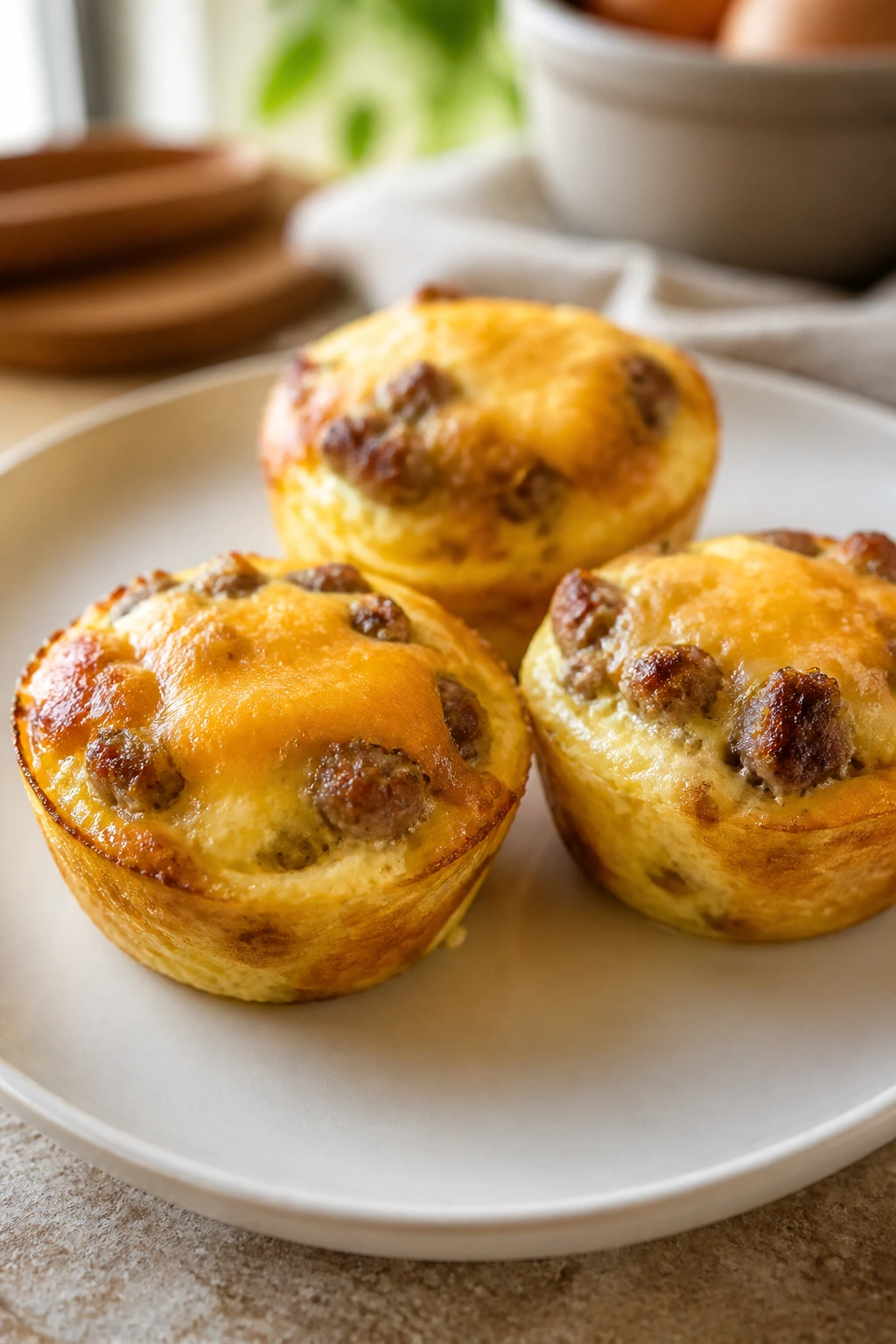 Muffins with sausage and eggs on a plate in a kitchen