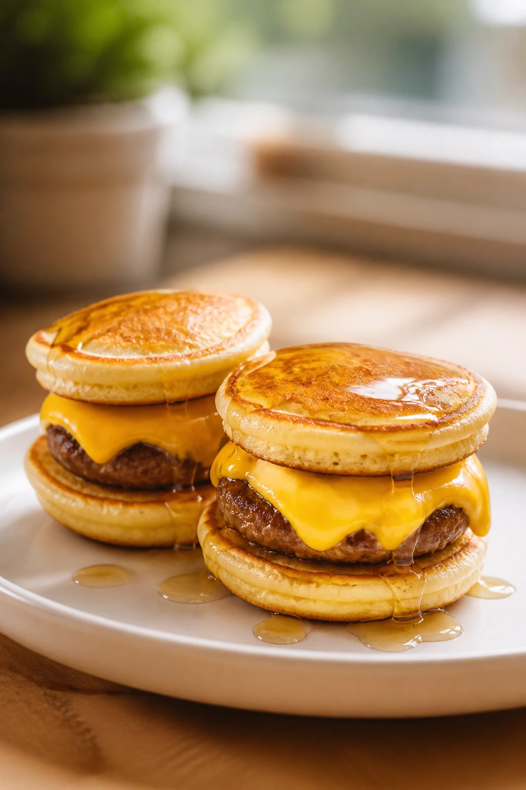 Close-up of pancake sliders with sausage and cheese on a plate