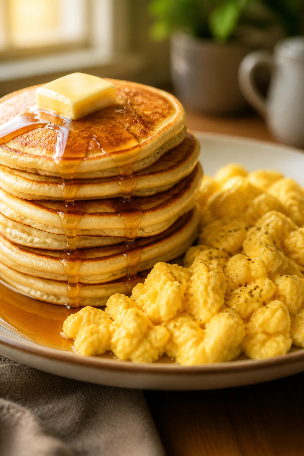 Close-up of pancakes and scrambled eggs on a plate for breakfast-for-dinner