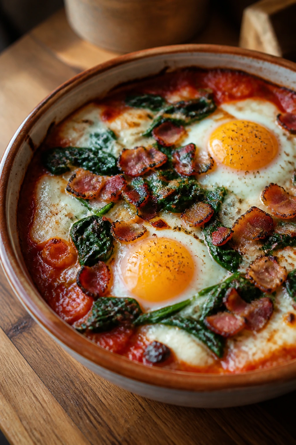 Breakfast Egg and Pancetta Pizza Bowl with eggs visible