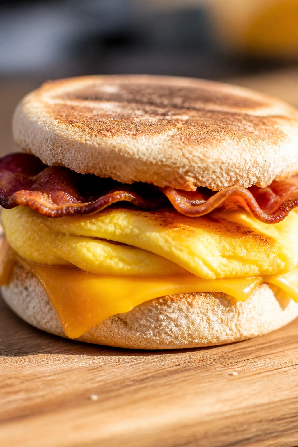 Close-up of Breakfast Picnic Sandwich with Egg and Cheese on English muffin