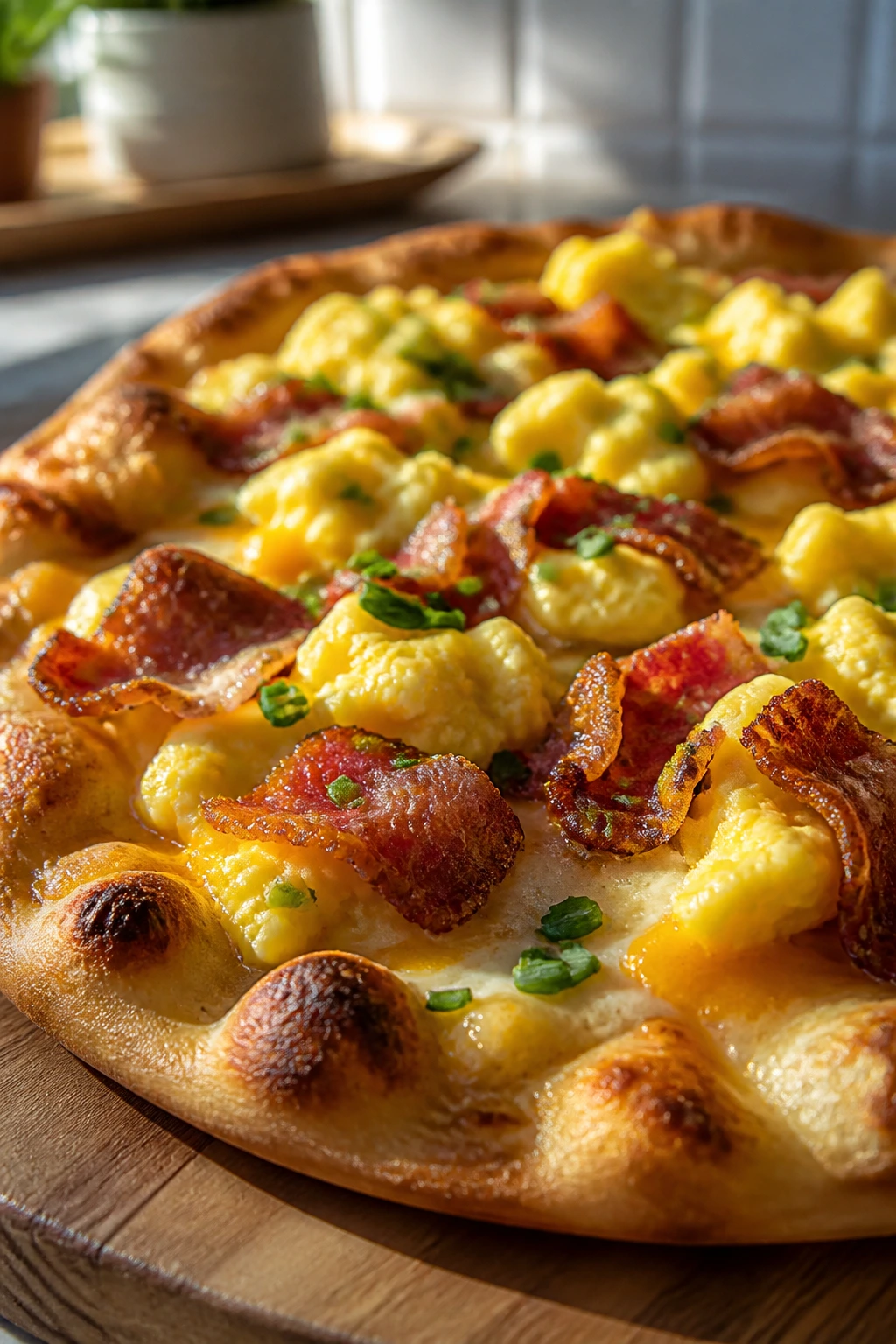 Close-up of Breakfast Pizza with eggs and bacon