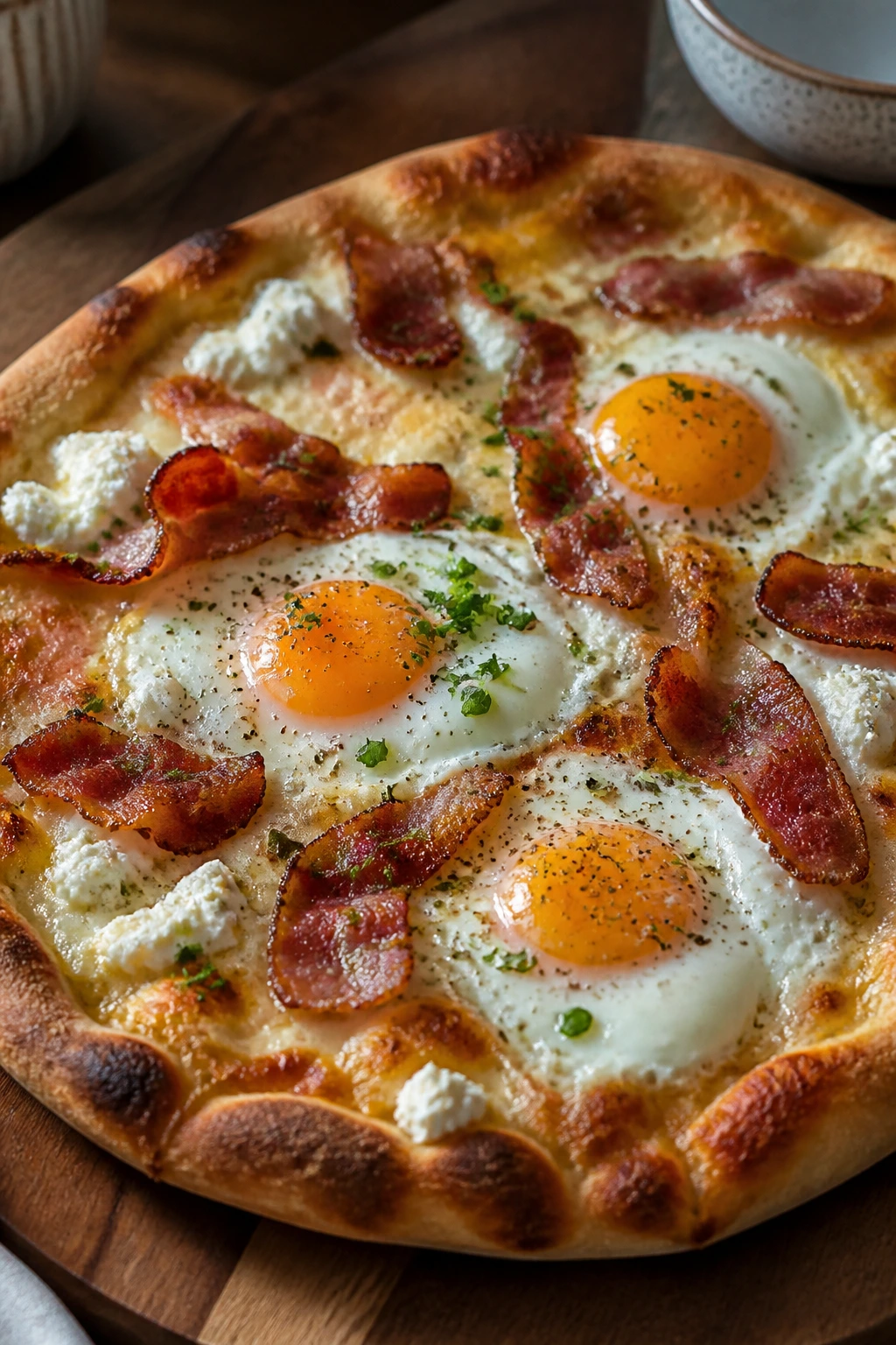 Close-up of breakfast pizza with eggs and bacon on wooden board