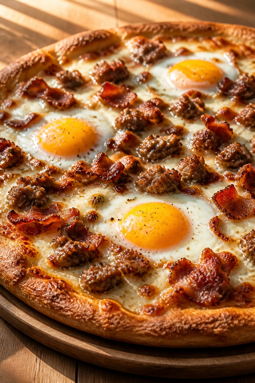 Breakfast pizza with sausage, bacon, and eggs on a crisp crust