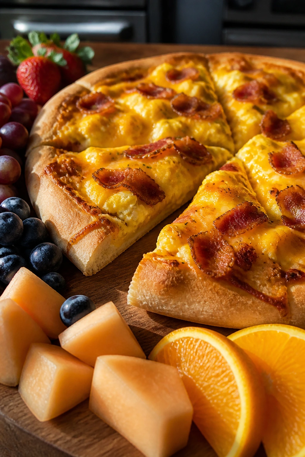 Breakfast pizza with fruit on the side