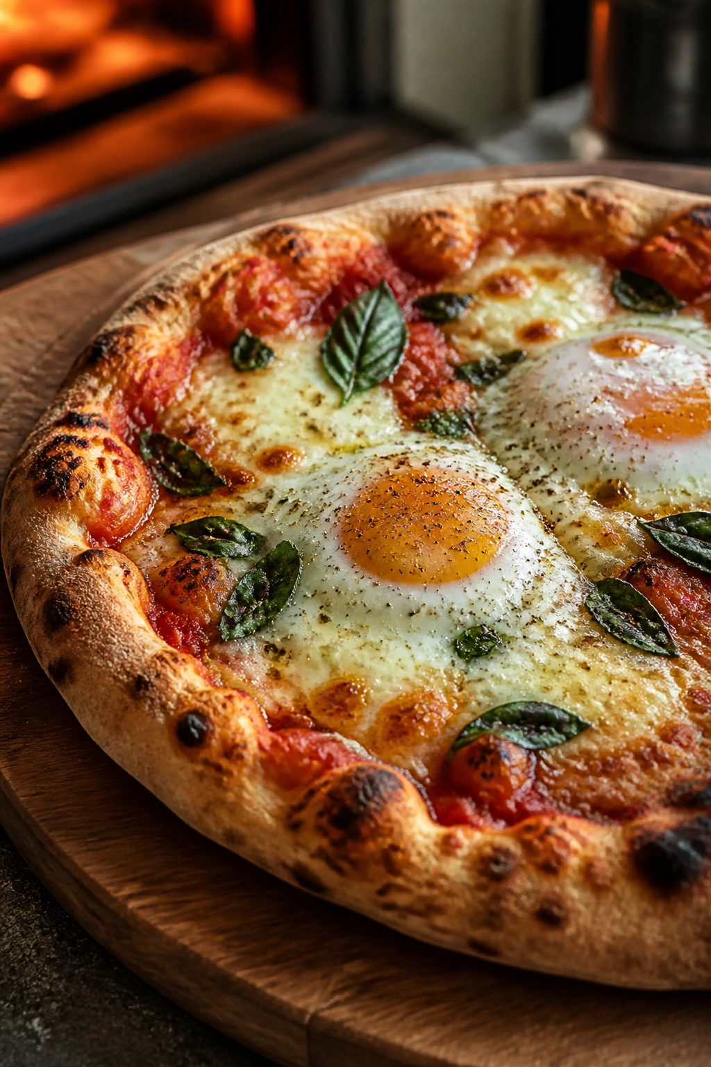 Close-up of a breakfast pizza on a wooden board with mozzarella, tomato sauce, basil and eggs