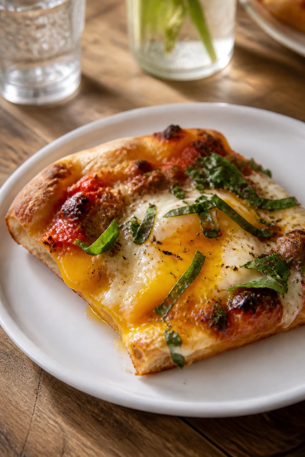 Breakfast pizza slice plated with egg and basil on a rustic table