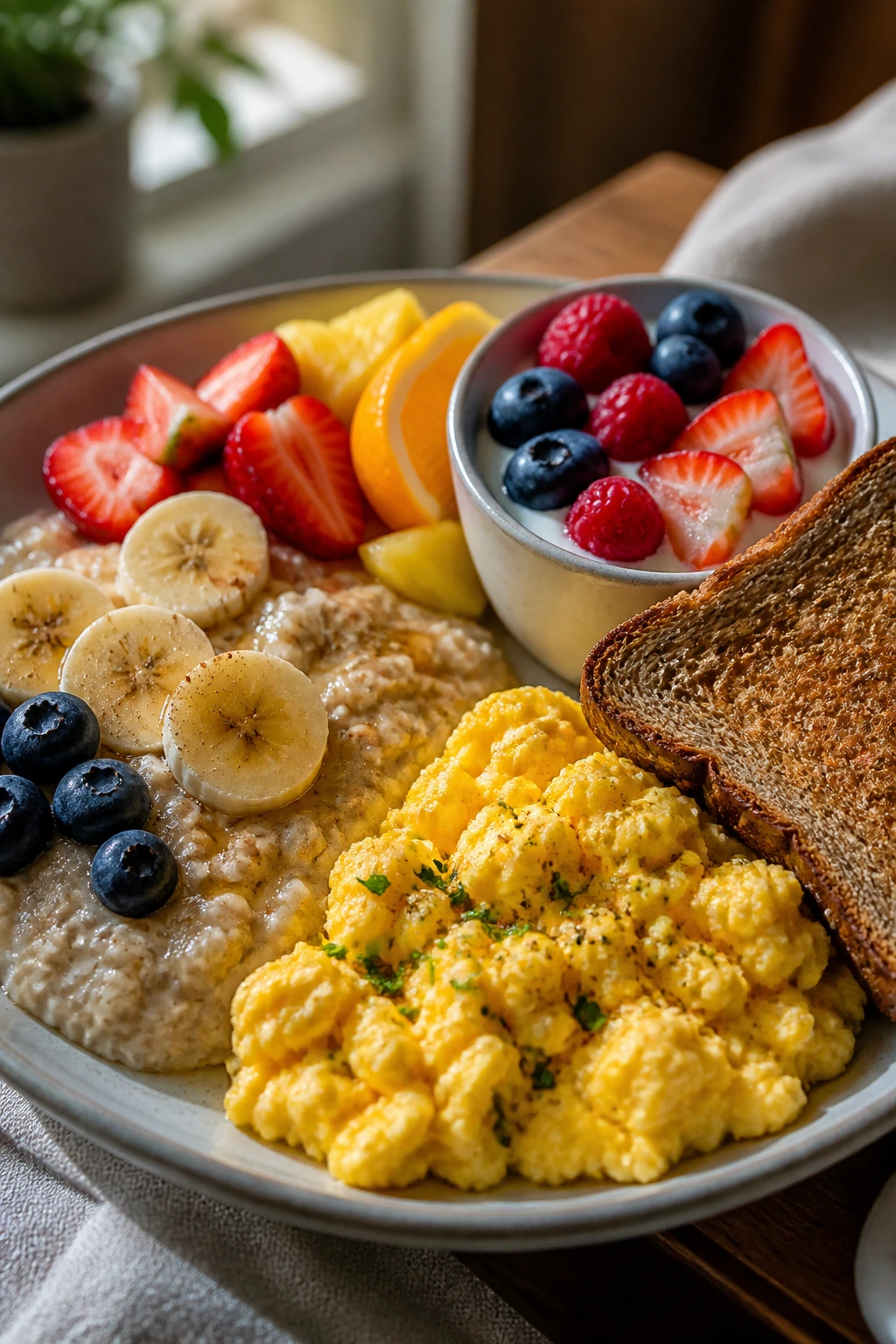 Breakfast plate with eggs, yogurt or oats, fruit and toast in morning light