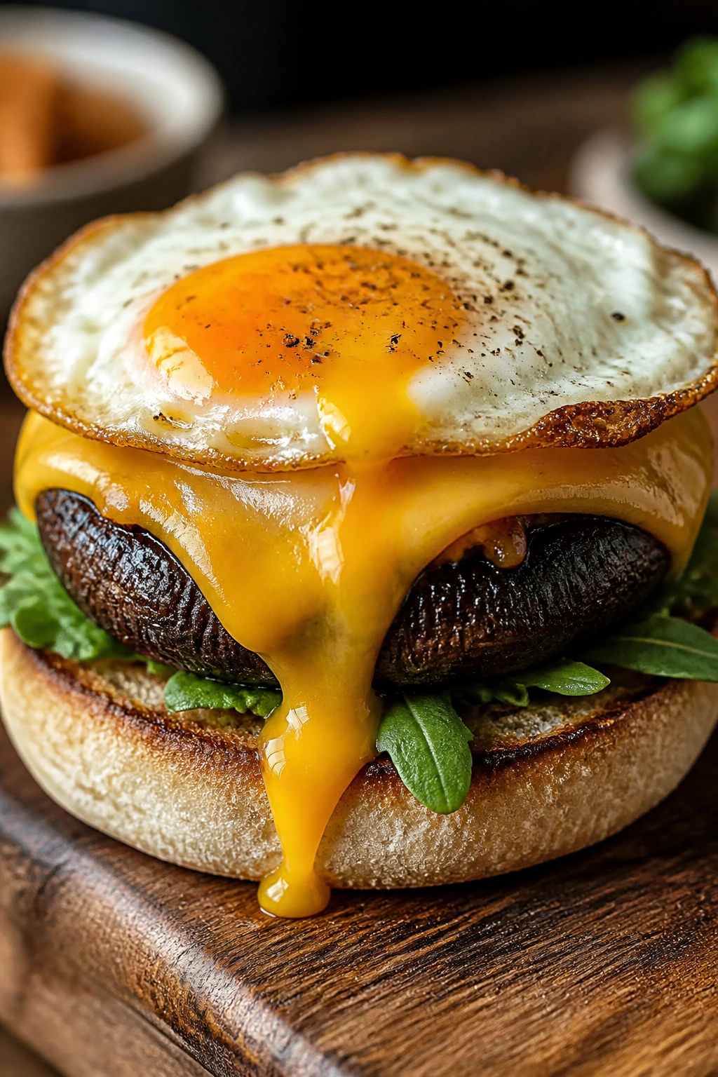 Close-up of Breakfast Portobello Burger with Fried Egg on rustic board