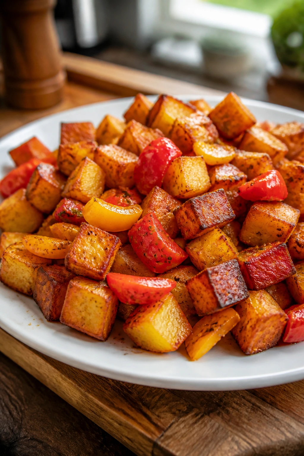 Close-up of crispy breakfast potatoes with peppers on a plate in a warm kitchen