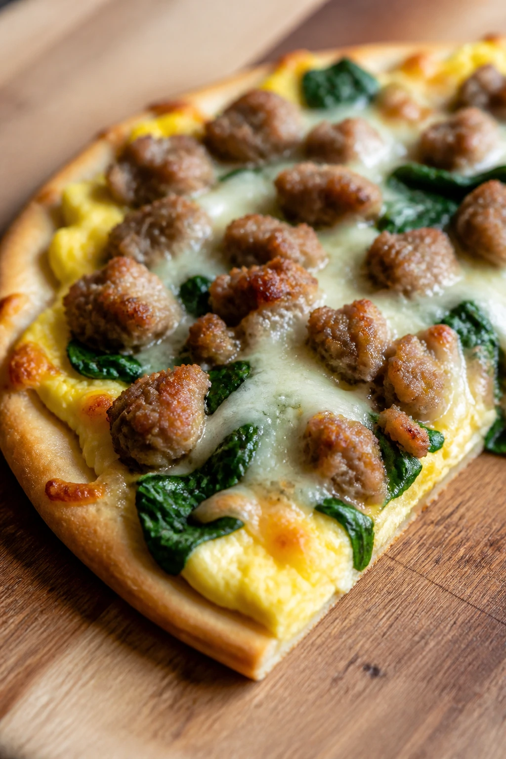 Breakfast pizza slice with eggs, sausage, spinach and cheese on a cutting board