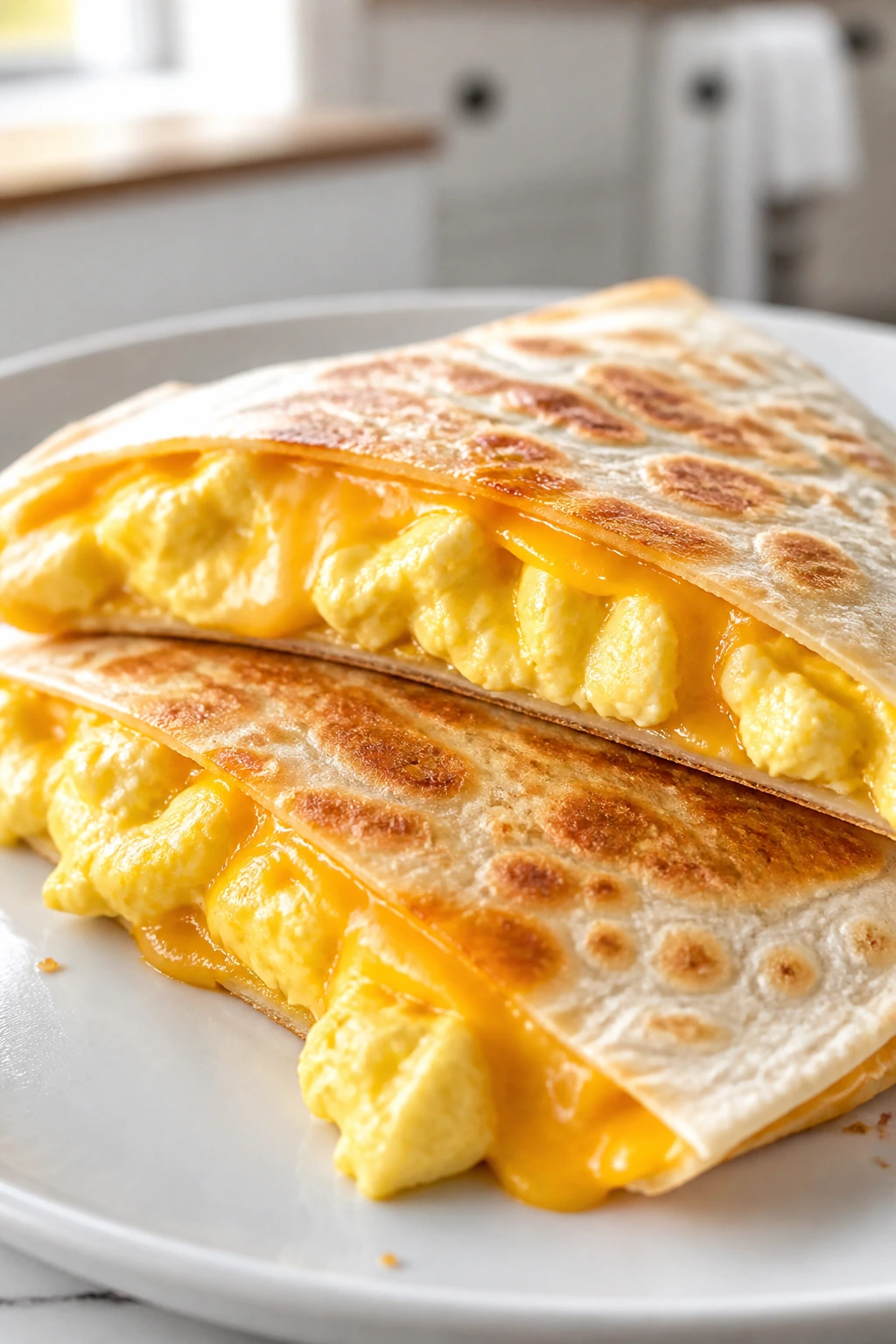 Close-up of a folded breakfast quesadilla with melted cheese