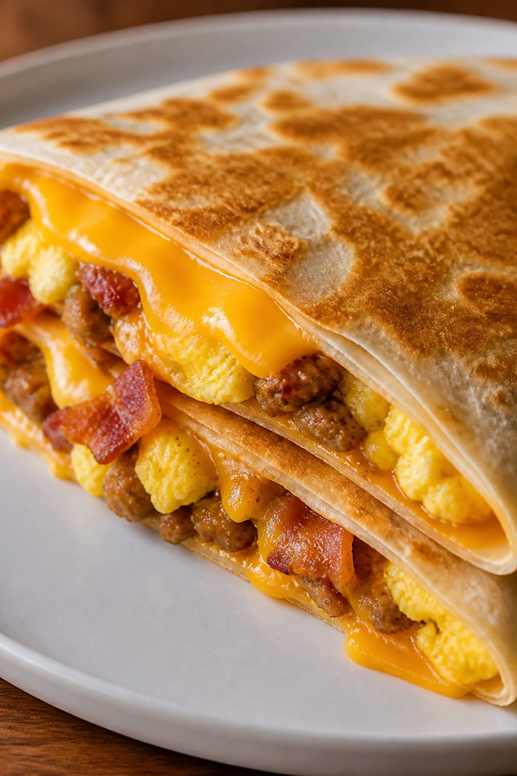 Close-up of a breakfast quesadilla wedge showing melted cheese and eggs