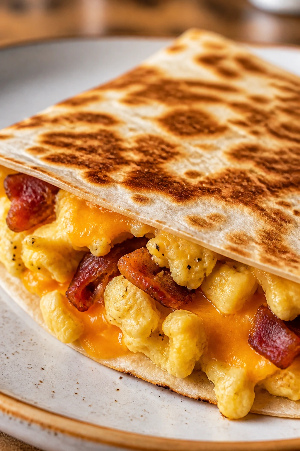 Close-up of a breakfast quesadilla showing eggs, cheese and bacon on a rustic plate