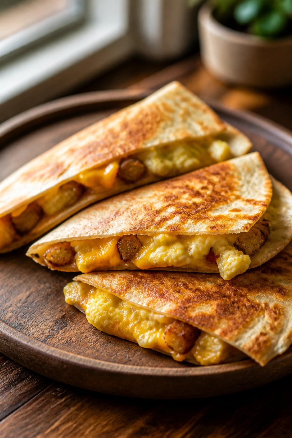 Close-up of a golden breakfast quesadilla on a wooden plate in warm kitchen light, eggs and cheese visible