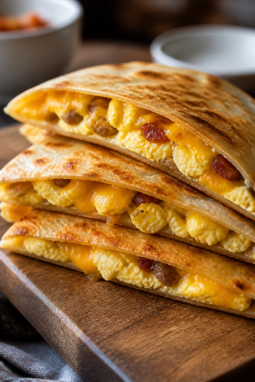 Close-up of breakfast quesadillas with egg and cheese filling
