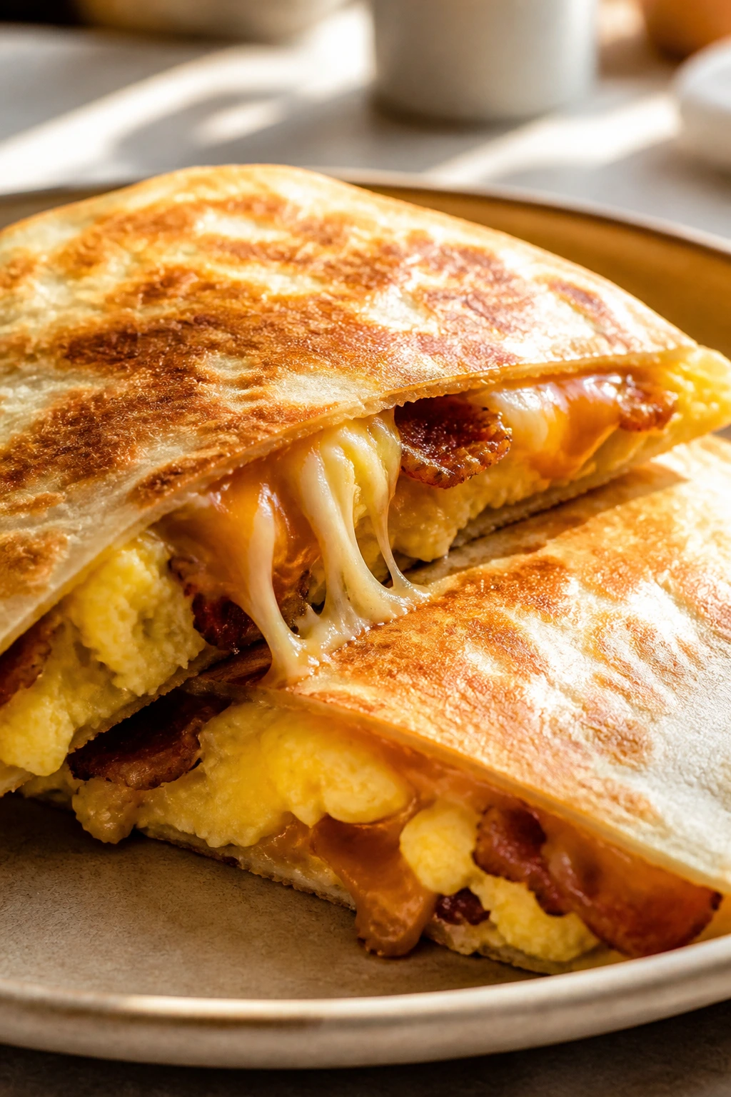 Close-up of Breakfast Quesadillas with melted cheese and visible eggs