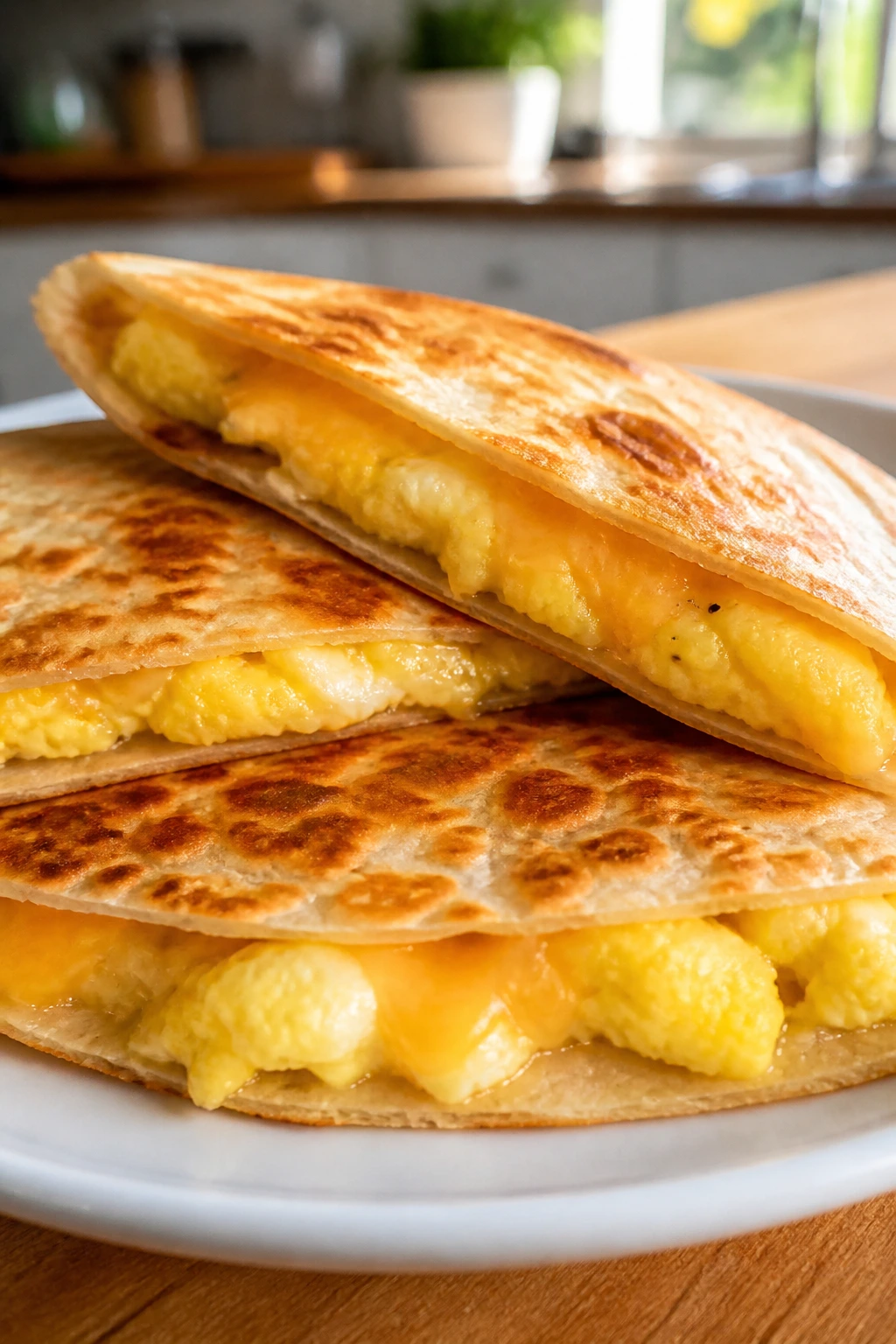 Close-up of breakfast quesadillas with eggs and cheese on a plate in a sunlit kitchen