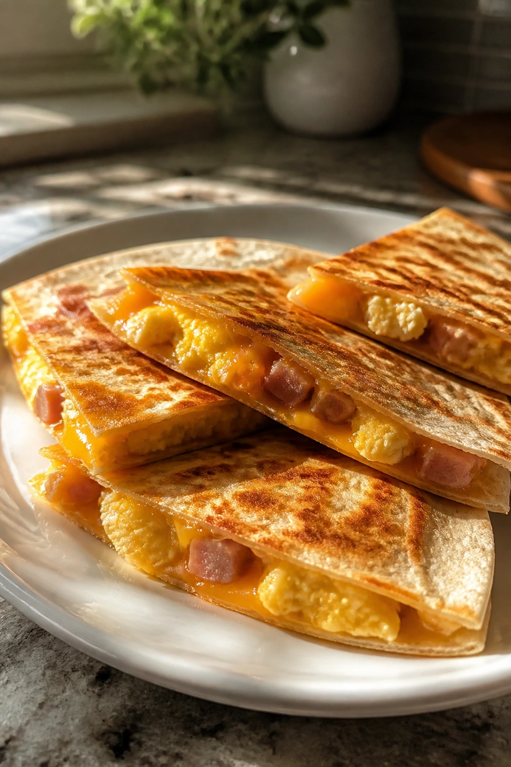 Close-up of breakfast quesadillas on a plate with melted cheese and scrambled eggs