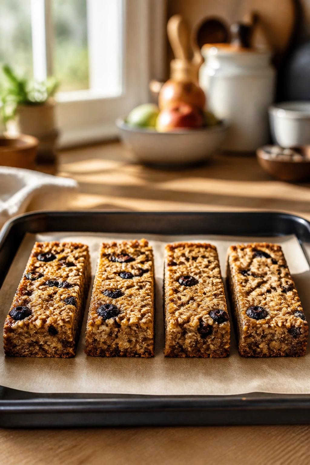 Close-up of four baked oatmeal squares on parchment, representing repeat breakfast ideas.