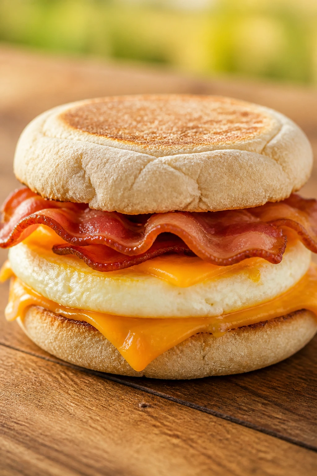 Breakfast sandwich with egg, bacon, and cheddar close-up