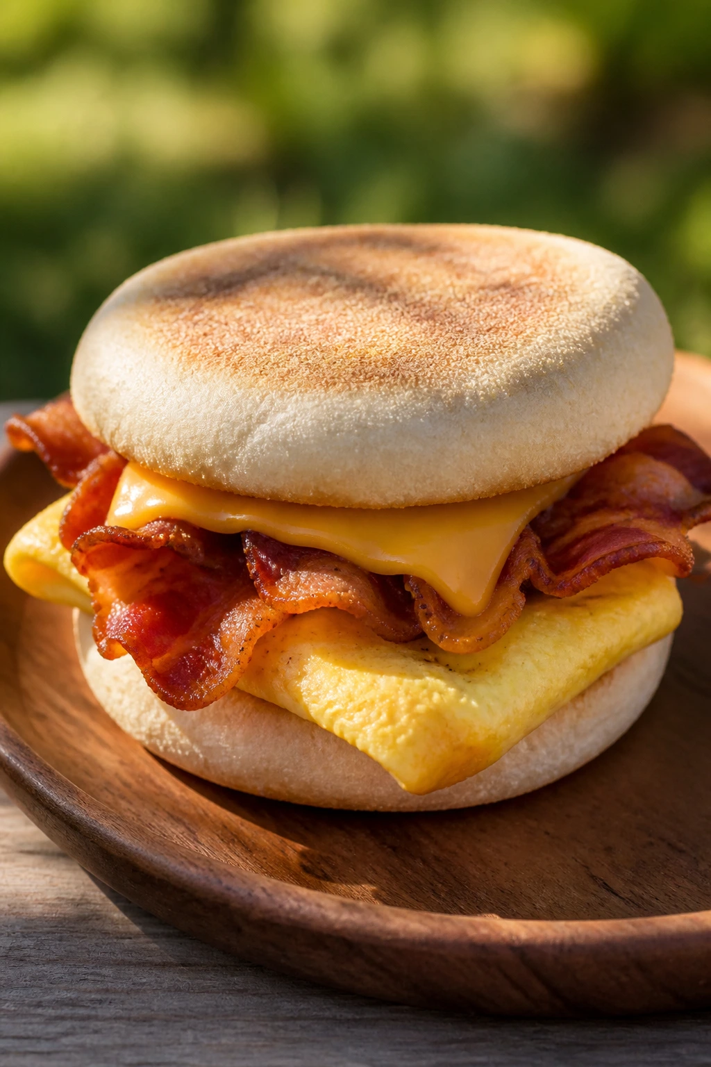 Close-up of egg and bacon breakfast sandwich on rustic plate outdoors