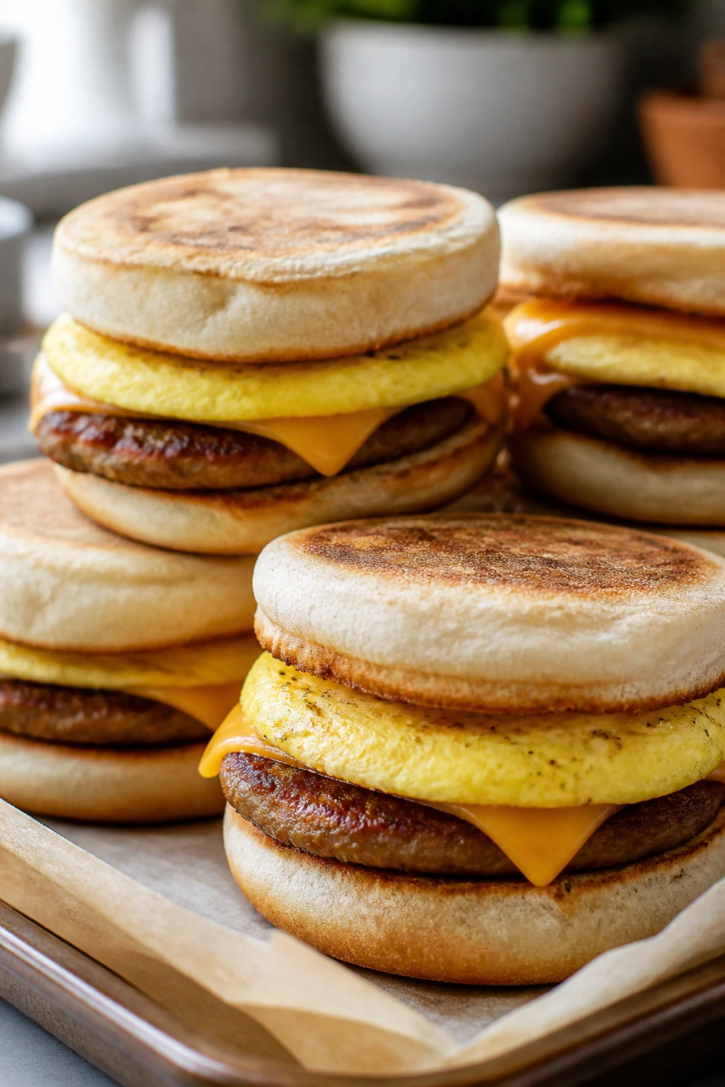 Close-up of breakfast sandwiches on parchment tray