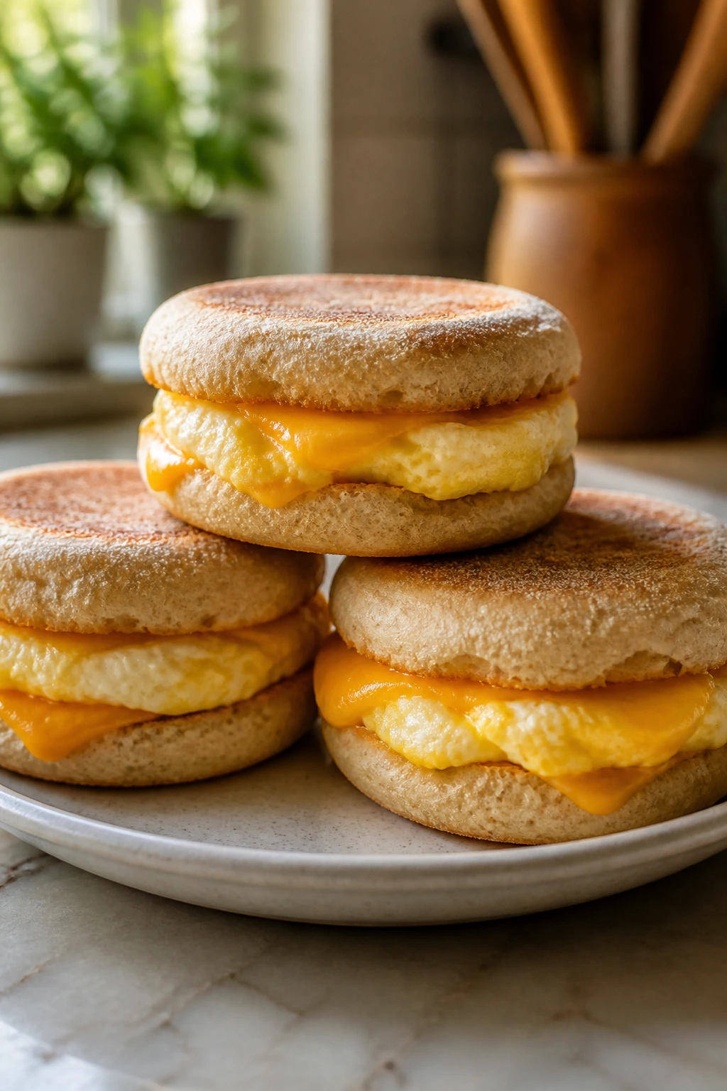 Close-up of assembled breakfast sandwiches on English muffins with eggs and cheese in a kitchen setting