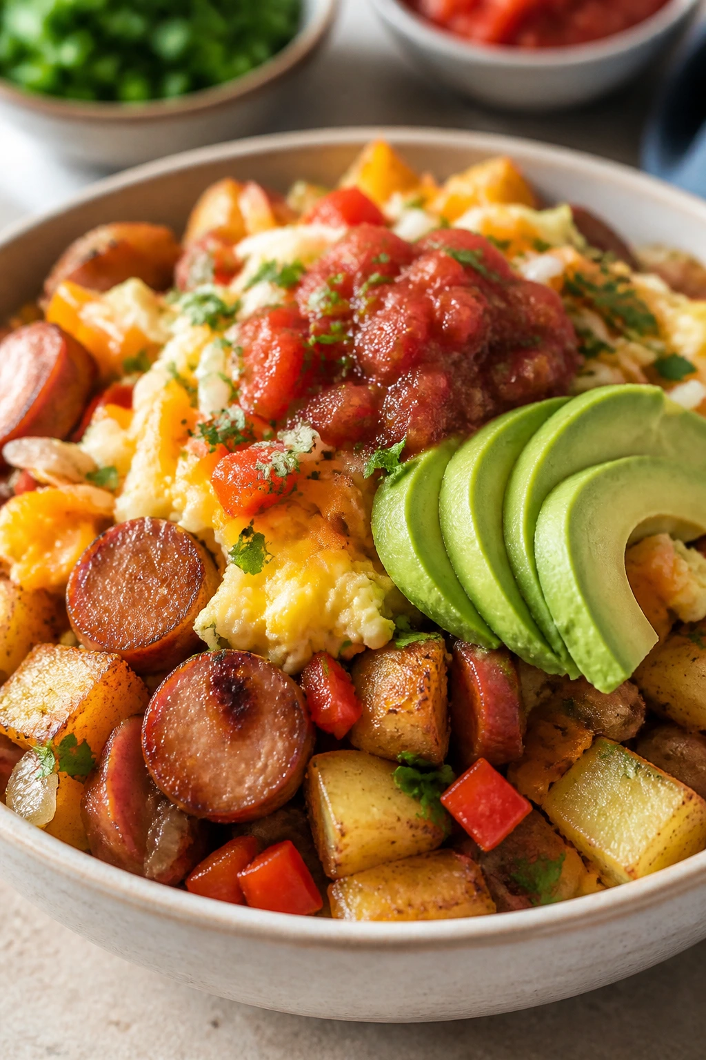 Breakfast burrito bowl with potatoes, sausage, eggs, and avocado