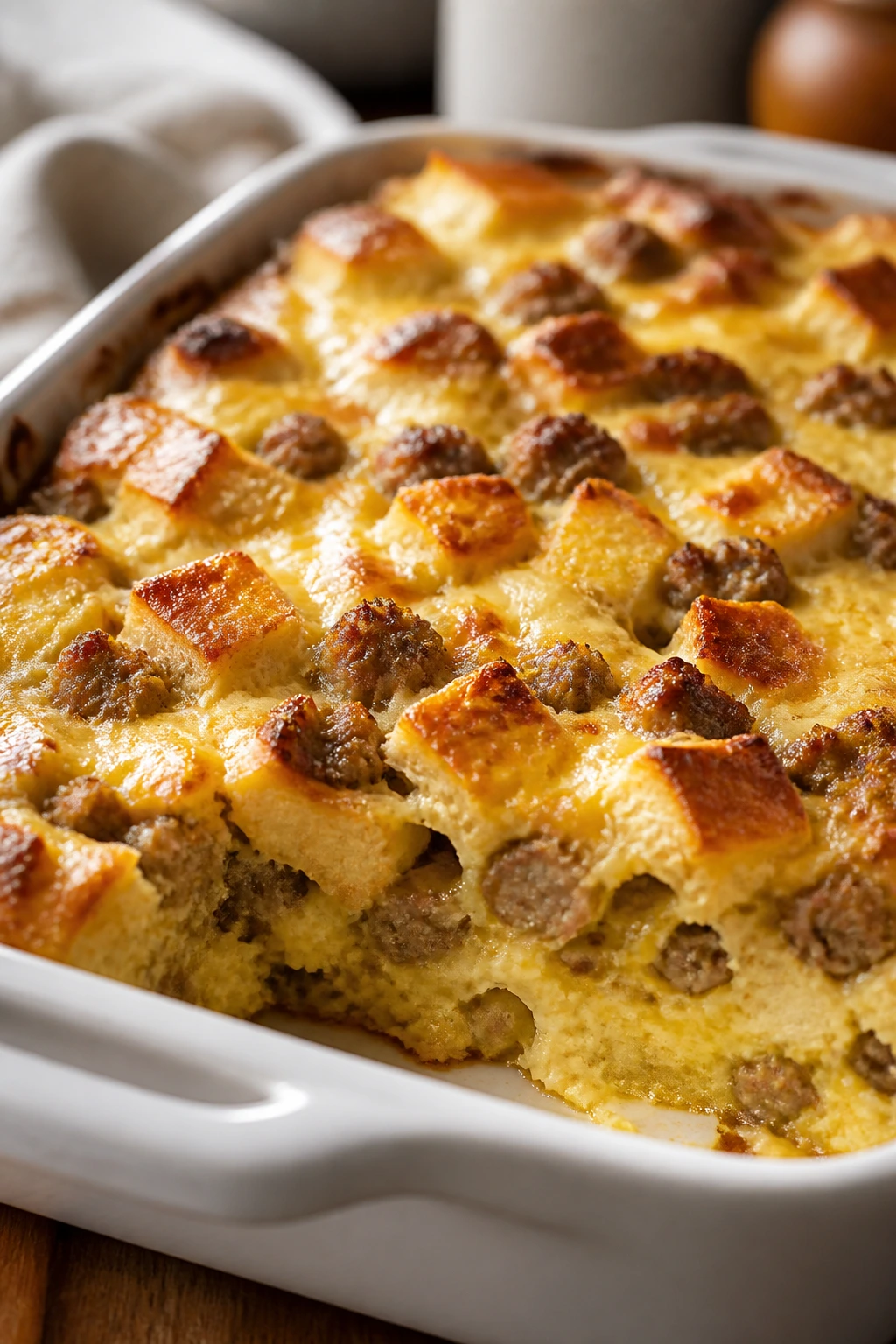 Golden breakfast sausage casserole in a baking dish