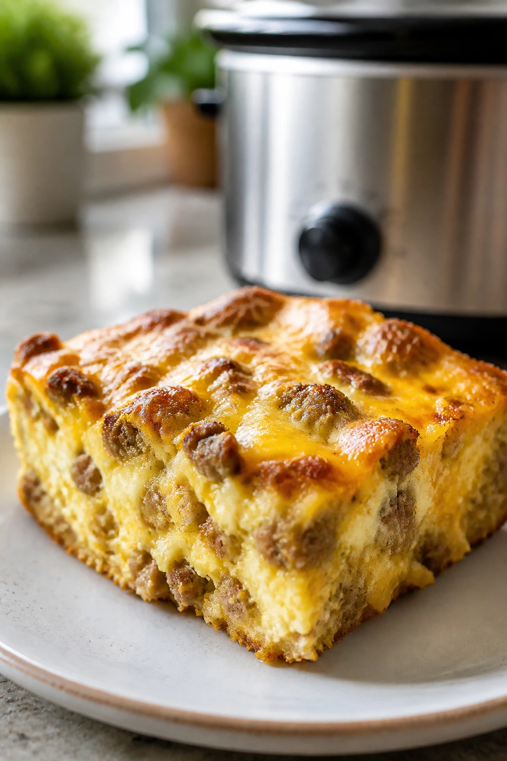 Thick slice of breakfast sausage and egg casserole on a plate