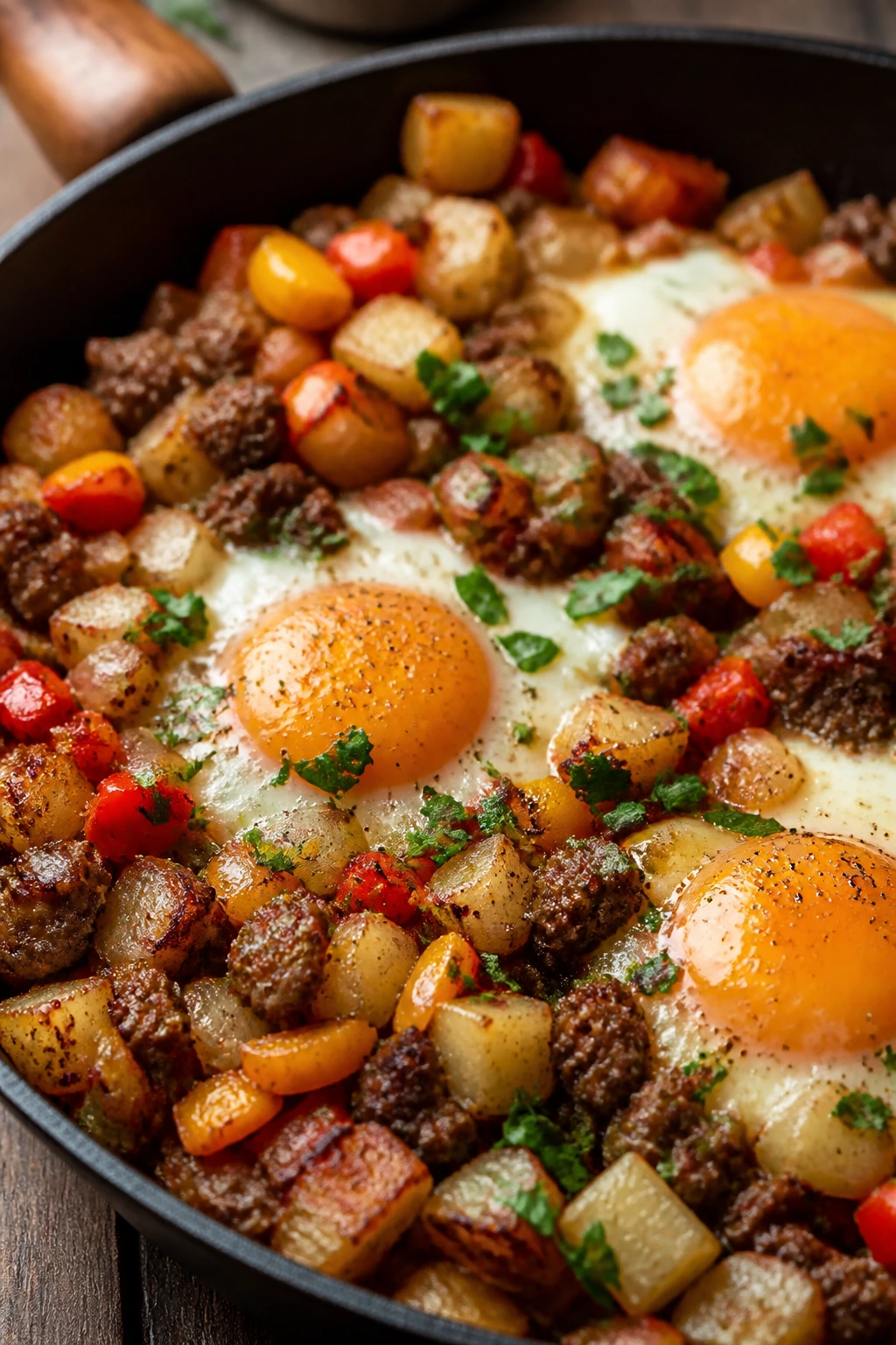 Cast-iron skillet with breakfast sausage hash and eggs
