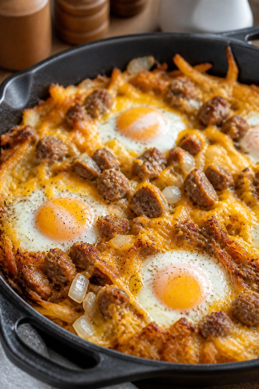 Close-up of breakfast sausage hash skillet with eggs and cheddar