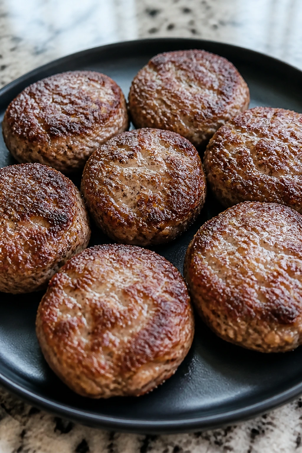 Eight browned breakfast sausage patties on a plate