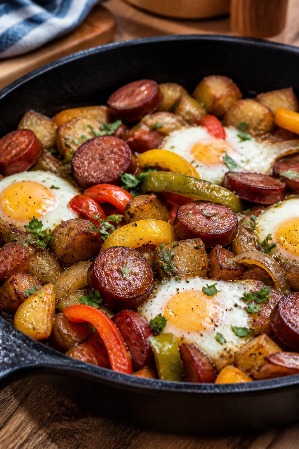 Close-up of smoked sausage breakfast skillet with potatoes, peppers and eggs