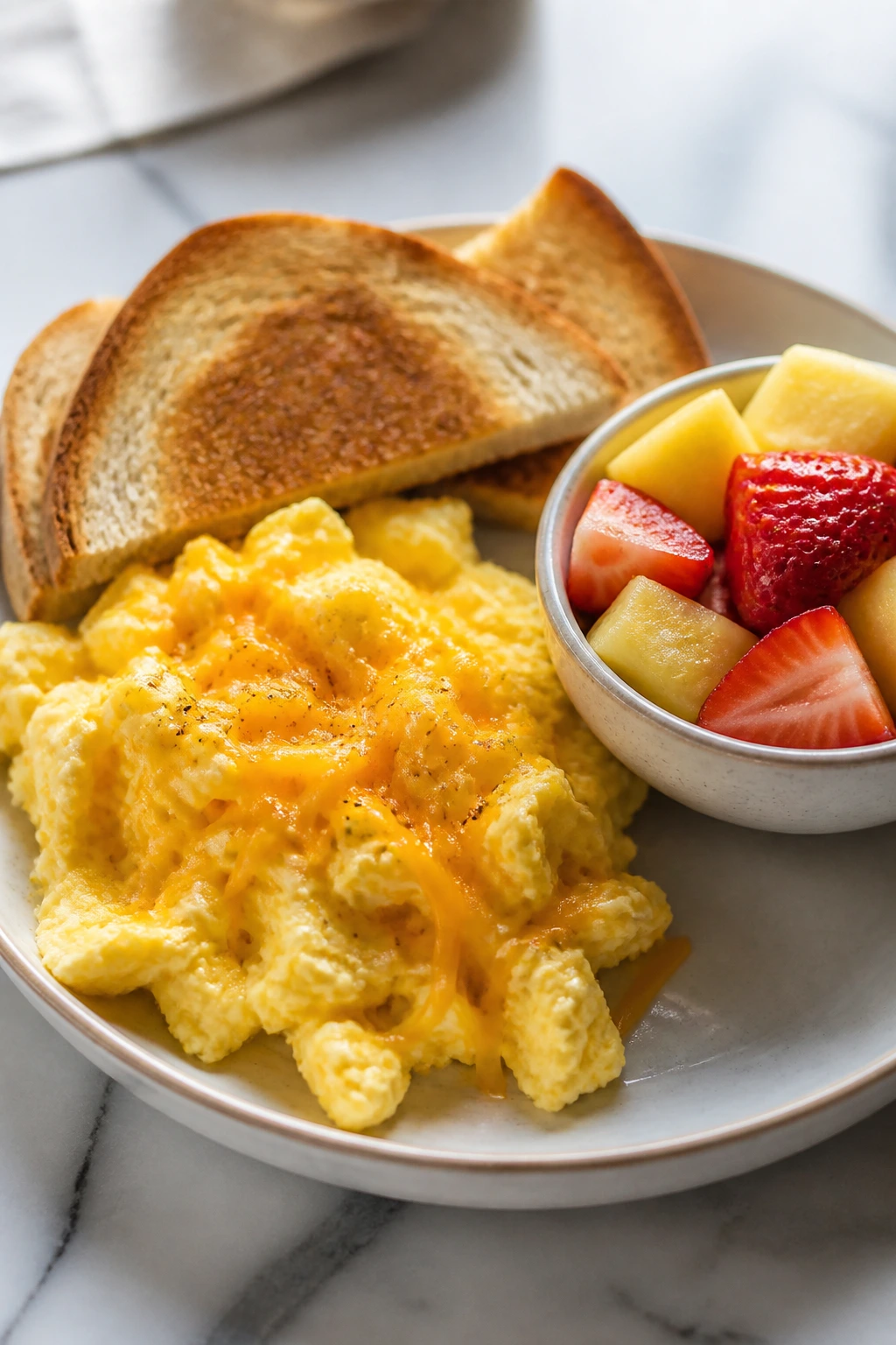 Close-up scramble plate with eggs, toast, and fruit.