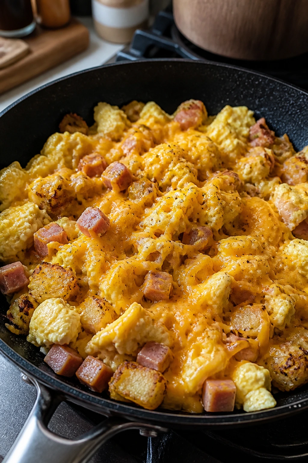 Skillet scramble with eggs, hash browns, ham, and cheddar