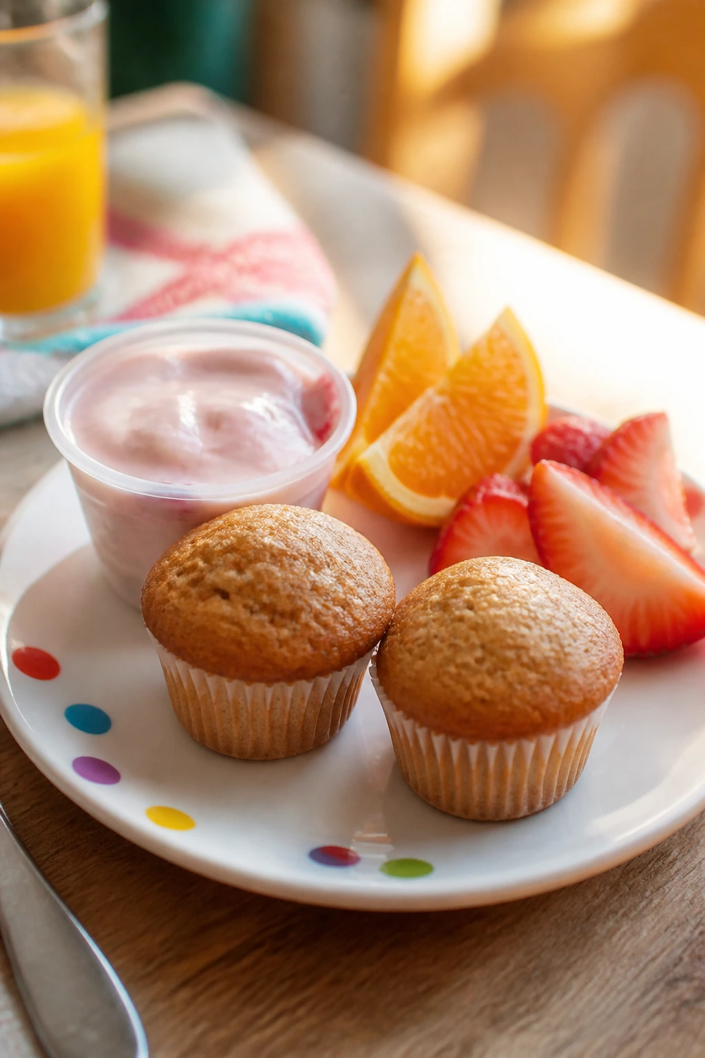Serving plate with muffins, fruit, and yogurt for breakfast