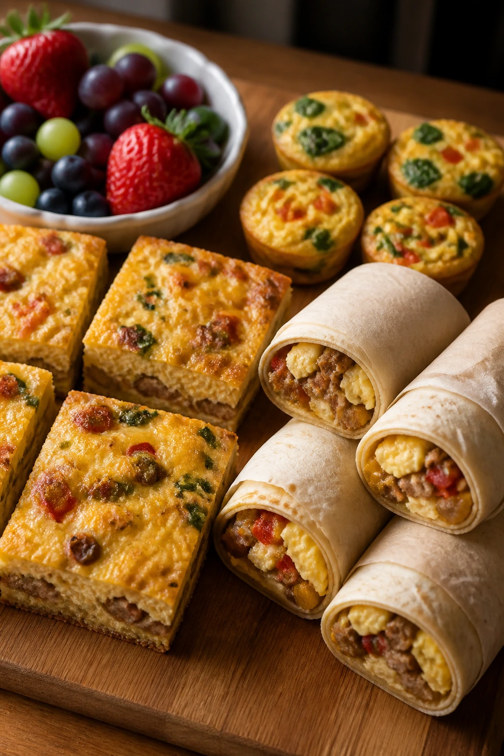 Serving board with breakfast squares and handheld items