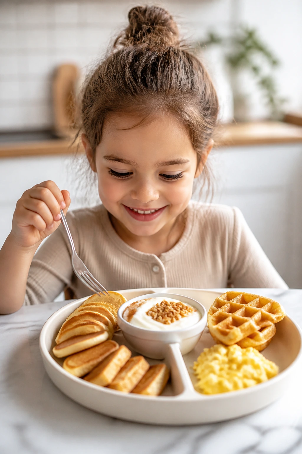 Child breakfast with familiar shapes like toast fingers and mini pancakes