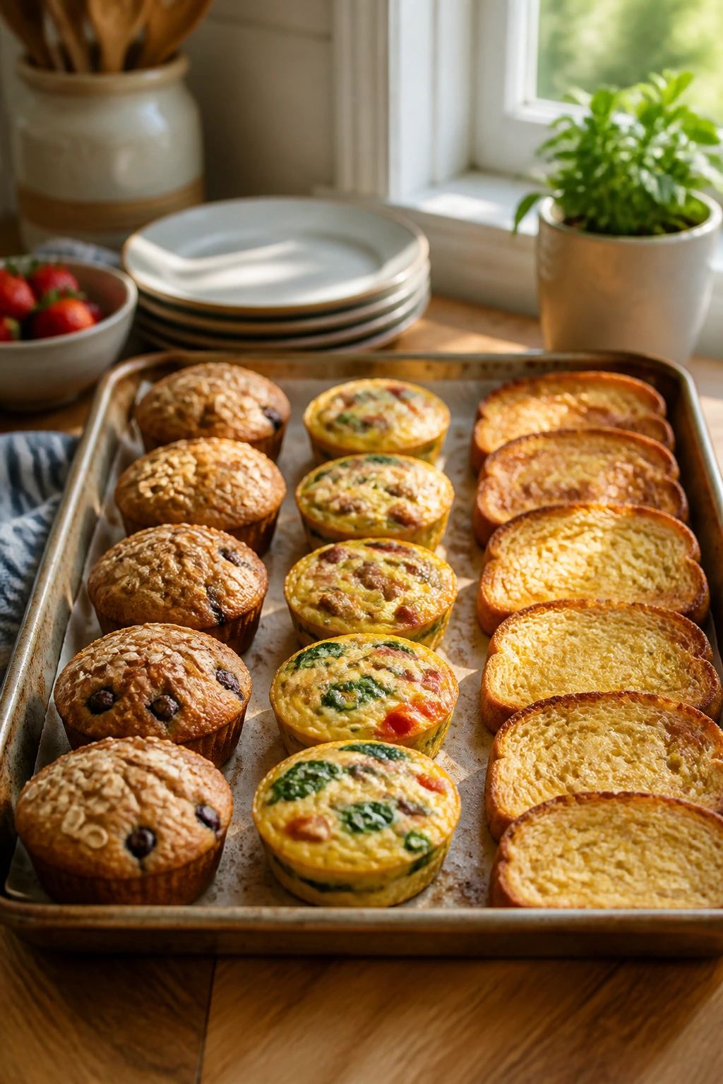 Close-up of a sheet-pan breakfast bake with muffins and egg bites on a kitchen counter