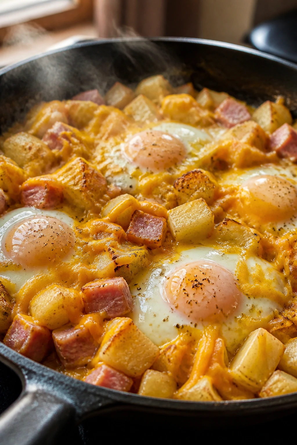 Close-up of a breakfast skillet with potatoes, eggs, and ham in a cozy kitchen