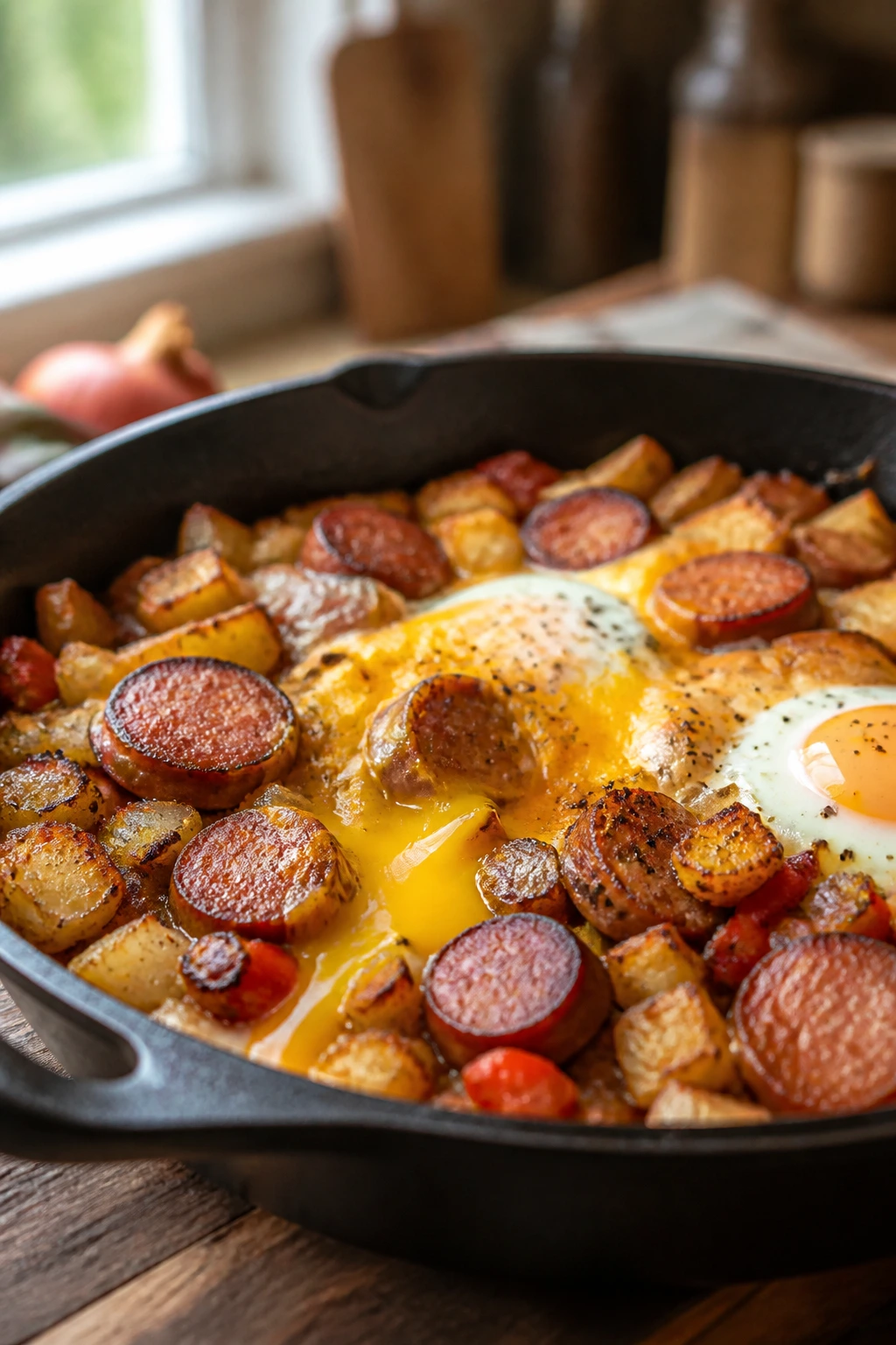 Skillet with browned sausage, hash browns, vegetables, eggs, and cheddar.